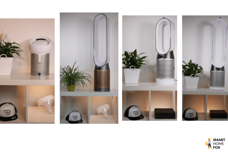 Mehrere Dyson Heizlüfter, Ventilator und Luftreiniger Kombigeräte stehen nebeneinander im Test und Vergleich.